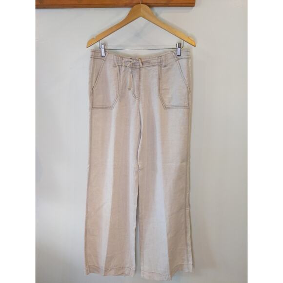 J.Jill 100% Linen Pants Women's Size 8 Beige Neutral Wide Leg Drawstring Boho - Picture 1 of 8
